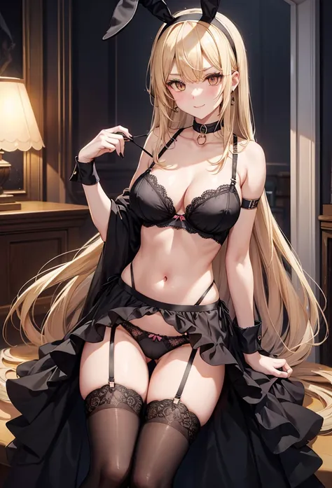 slender, mature female, underwear, jewelry, breasts, long_hair, panties, navel, bracelet, 1girl, thighhighs, animal_ears, lingerie, smile, handcuffs, solo, large_breasts, bunny_ears, black_panties, bra, black_legwear, rating:safe, cleavage, choker, looking...