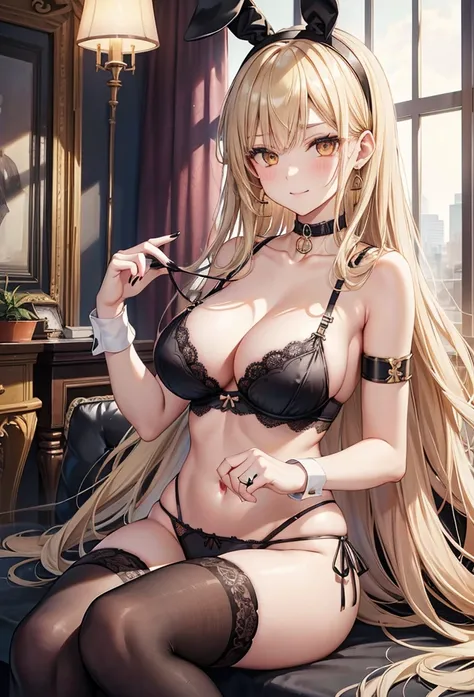 slender, mature female, underwear, jewelry, breasts, long_hair, panties, navel, bracelet, 1girl, thighhighs, animal_ears, lingerie, smile, handcuffs, solo, large_breasts, bunny_ears, black_panties, bra, black_legwear, rating:safe, cleavage, choker, looking...