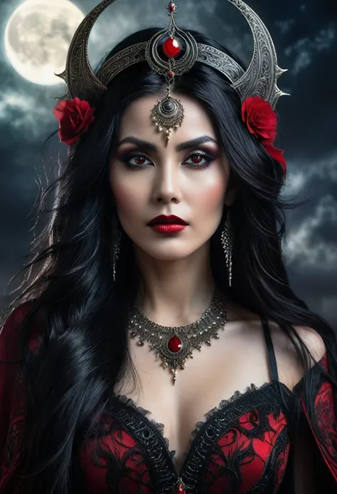 A stunning dark fantasy portrait of a woman with long, flowing black hair adorned with a crescent moon headpiece, piercing red eyes, and a dark, intricate outfit with glowing accents, set against a moody, atmospheric background with glowing elements. The i...