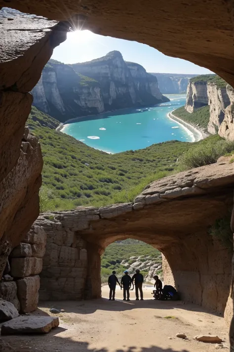 
3 hommes préhistorique vêtue de peau d’animaux dans une grotte glacière assis par terre près d’un feu crépitant laissant apparaître un paysage froid enneiger glacer
