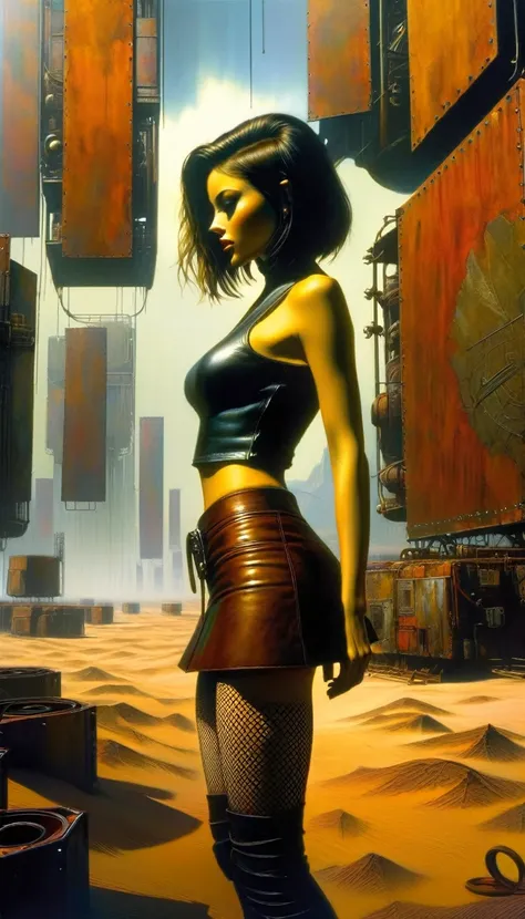 a girl in a leather miniskirt and tight tank top,pronounced nipples,advertising signs in the desert,rusty smooth metal panels with screwed and welded parts,in the distance can see a futuristic city,(best quality,4k,8k,highres,masterpiece:1.2),ultra-detaile...