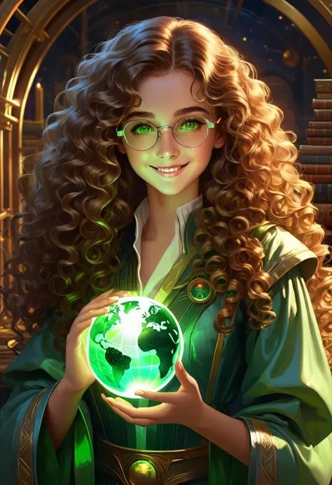 gemtech , Science-Fiction, internal reflections , transparent, inner details , Scholars , scroll, 1 girl,long hair, curly hair, glowing eyes, smile ,closed mouth, fire von hair hair, hold a globe , green eyes, holding vitual glasses 