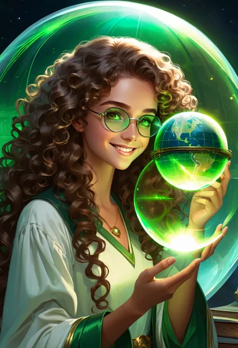 gemtech , Science-Fiction, internal reflections , transparent, inner details , Scholars , scroll, 1 girl,long hair, curly hair, glowing eyes, smile ,closed mouth, fire von hair hair, hold a globe , green eyes, holding vitual glasses 