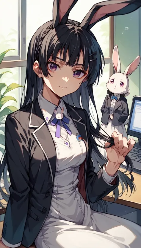 maisakurajima, Mai Sakurajima, long hair, bangs, (black hair:1.5), hair ornaments, (purple eyes:1.1), hair clip, rabbit hair ornaments,blue eyes, medium chest , OL, Fundo, black suit jacket, collared jacket, white dress shirt, collared shirt, neckline, but...