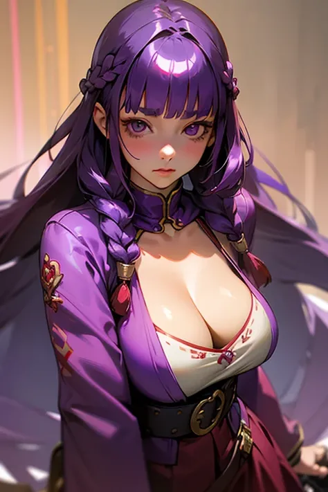 1 Girl, Blunt bangs, Braiding, Wide sleeves, hair ornaments, Red Belt, (Purple Hair:1.2), Very long hair, Straight hair, Looking at the audience, Highly detailed background, (Realistic:1.2), Beautiful Eyes, Red eyeshadow, Written boundary depth，thigh, (Urz...