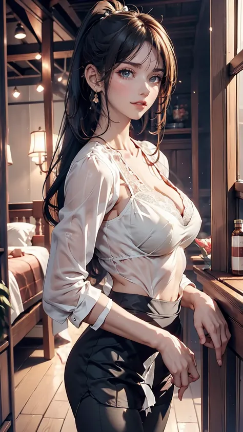 24 year old Caucasian female、Sexy proportions、Sexy、smile、Wear a sheer lace-decorated blouse、Wear see-through leggings、Wear mules、Long and thin neck、Narrow waist、ponytail、Nape exposure、Breasts protruding forward（Rocket Boobs)