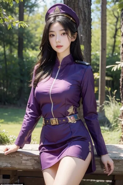 8k, highest quality, ultra detailed:1.37), Eliana, ((18 years)), a beautiful Asian girl, ((proudly stands in a military uniform)), representing her role as a soldier, ((She wears a fitted Purple dress)), The high-resolution image captures ultra-detailed re...