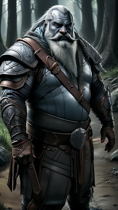 dwarf, chubby, bald, beard colored skin, dark skin, blue skin, grey skin, leather armor, druid,