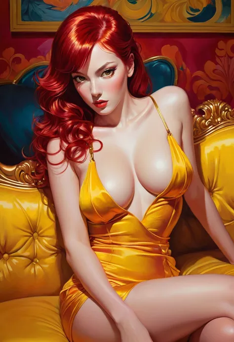 A sultry siren with fiery red locks and captivating yellow eyes lounges seductively on a lustrous crimson couch. This vivid image, reminiscent of a mix between Anime and pulp fiction, is a mesmerizing painting with rich colors and intricate details that ex...