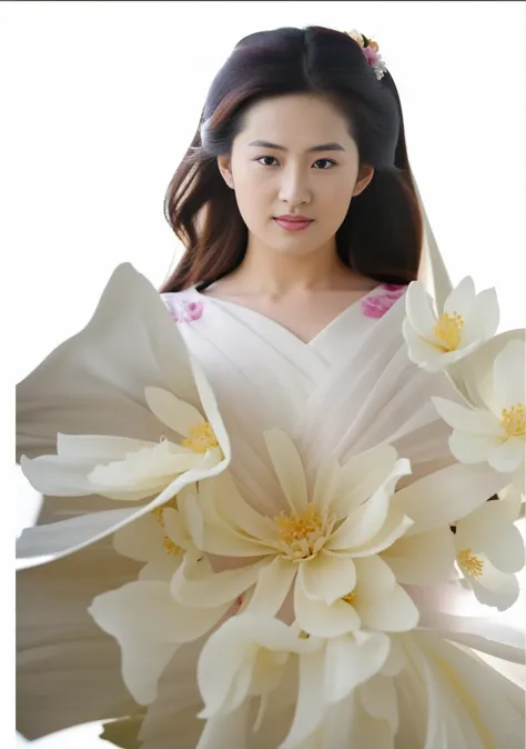 pink background,  arafed woman in a white dress with large flowers on her dress,, inspired by liu haisu, made of silk paper, rob...