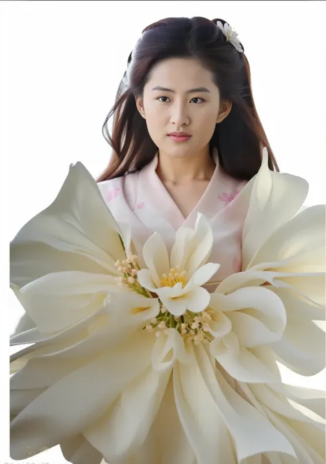 pink background,  arafed woman in a white dress with large flowers on her dress,, inspired by liu haisu, made of silk paper, rob...