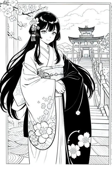 As a coloring book, the color should be black and white, the border should be simple, clear, and bold. [Girl with long black hair] wearing a [kimono with cherry blossom pattern] visiting [Kiyomizu-dera temple] in Kyoto, Japan, with [sakura hair ornaments]