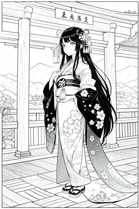 As a coloring book, the color should be black and white, the border should be simple, clear, and bold. [Girl with long black hair] wearing a [kimono with cherry blossom pattern] visiting [Kiyomizu-dera temple] in Kyoto, Japan, with [sakura hair ornaments]