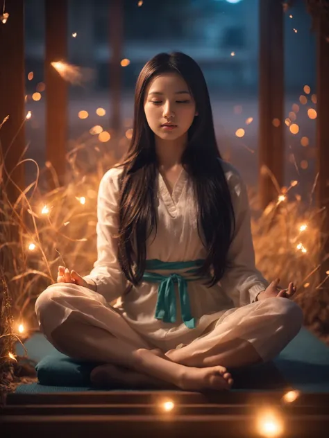 an asian girl，hands on knees,Cross legged meditation，Very bright colors, light particles, Luminescence, Mshiv, Wallpaper Art, Ultra HD Wallpaper