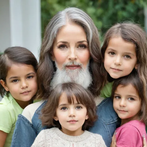 
woman with a big gray beard, brown bob hair, hazel eyes, large rounded nose, with children