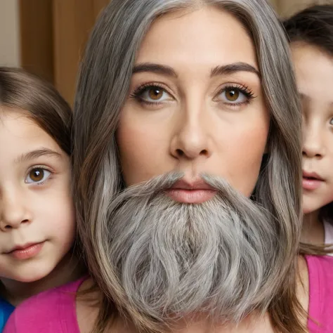 
woman with a big gray beard, brown bob hair, hazel eyes, large rounded nose, with children