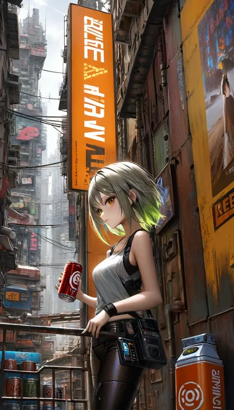 a girl in a leather miniskirt and tight tank top,,advertising signs in the desert,rusty smooth metal panels with screwed and welded parts,in the distance can see a futuristic city,(best quality,4k,8k,highres,masterpiece:1.2),ultra-detailed,(realistic,photo...