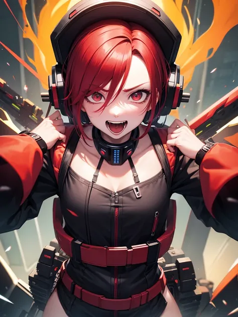 cyber punk、One boy、Red Hair、Chainsaw、Big Eyes、Laughing with mouth open、Highest品質, High definition, Ultra-fine, Highest_detailed