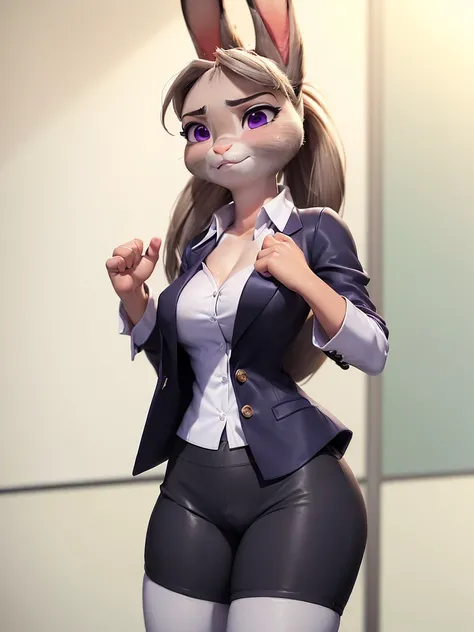 best quality,
masterpiece,
3D anime,
(((solo))),
(((1girl))),
(((Face is JudyHopps))),
(long ears like a rabbit:0.8),
Heir is in a ((ponytail)) style,
bang is feather ((bangs)),
((Her eyes color is purple)),
6.5 head and body,
office suit,
office business ...