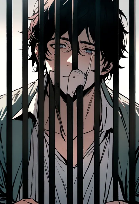 i want a photo of a man in prison that shows his face well while he is physically weak and behind bars