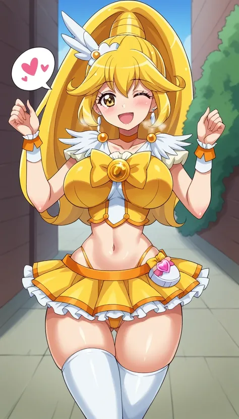 score_9, score_8_up, score_7_up, outdoor,
BREAK
source_anime, 
BREAK
1girl, curepeace, ponytail, yellow hair, elect big nipple, huge breasts, happy,  spoken heart, 
yellow magical girl, navel, wing hair ornament, cropped top, frilled wrist cuffs, friled sk...