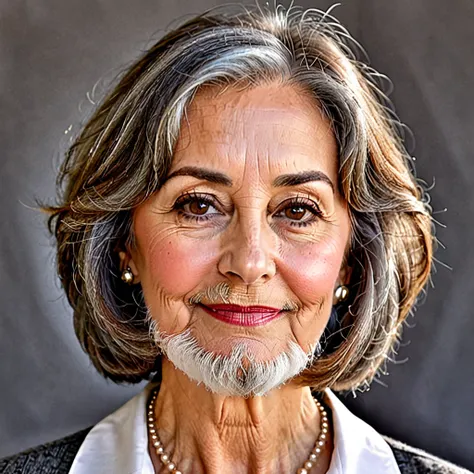 woman with big gray beard, brown bob cut hair, hazel eyes, large rounded nose, school teacher