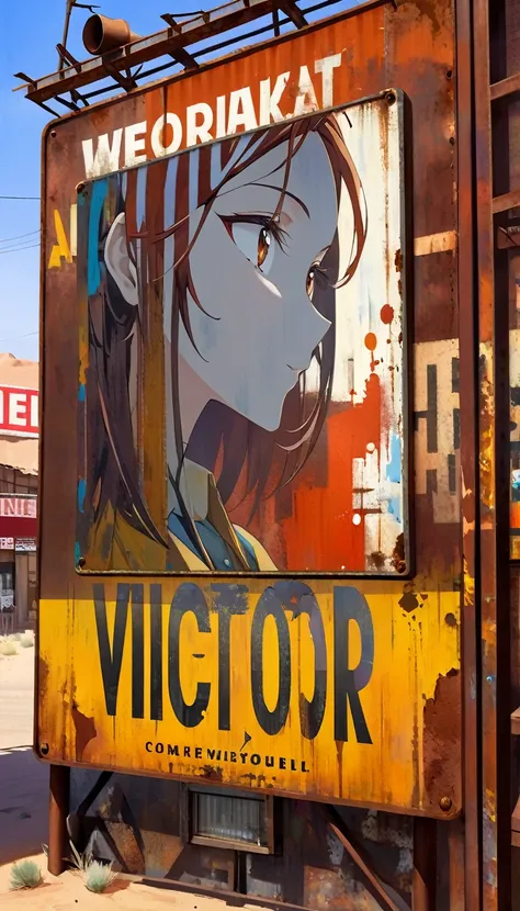 advertising billboard in a desert of rusty metal, some metal letters cover it, ((the text is:"VICTOR OLANO")) (art inspired by Dave Mckean, details intricate, oil painting)
