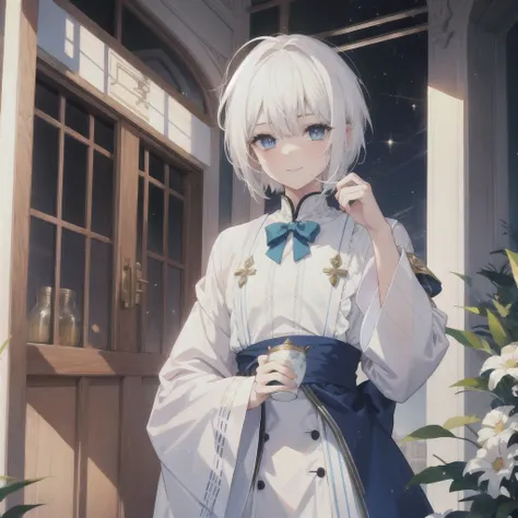 (((White Hair　Short Hair　blue eyes　noble)))　((Noble clothes　Drinking tea))　(smile)　Shining Edge