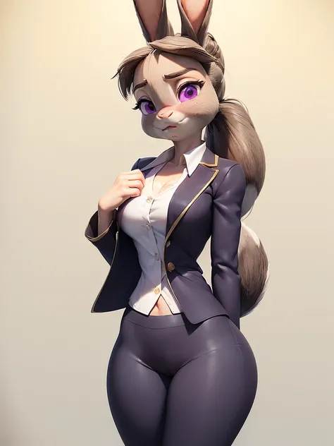 best quality,
masterpiece,
3D anime,
(((solo))),
(((1girl))),
(((Face is JudyHopps))),
(long ears like a rabbit:0.8),
Heir is in a ((ponytail)) style,
bang is feather ((bangs)),
((Her eyes color is purple)),
6.5 head and body,
office suit,
office business ...