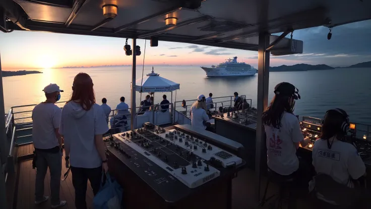 Aerial view，一名 DJ船上表演，The crowd is watching, Bored Ape Yacht Club, DJ set, On the ocean, beautiful scenerys, on the sea, Looking to the horizon, Wonderful technology , Epic and stunning atmosphere, DJ , beautiful scenery, On the deck of the ship, Photo tak...