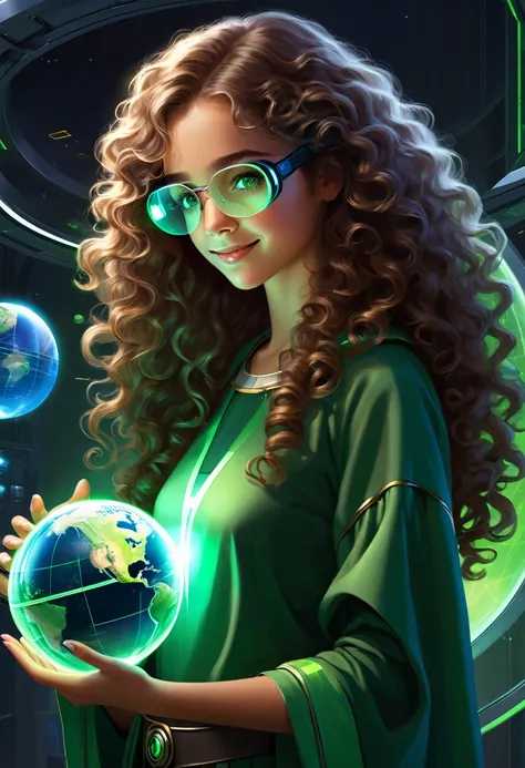 gemtech , Science-Fiction, internal reflections , transparent, inner details , Scholars , scroll, 1 girl,long hair, curly hair, glowing eyes, smile ,closed mouth, fire von hair hair, hold a globe , green eyes, holding virtual glasses as like VR , showing u...