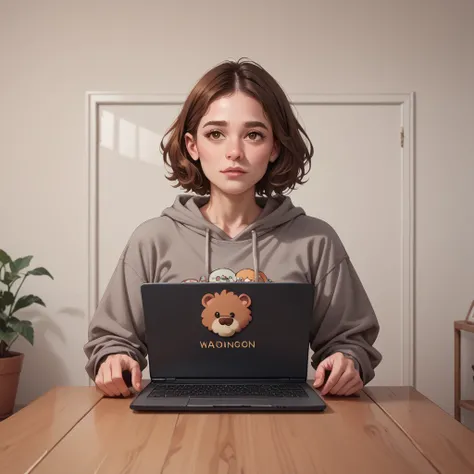 pretty young woman with a big gray beard, brown bob hair, hazel eyes, large rounded nose, behind her laptop, dressed in sweatshirt