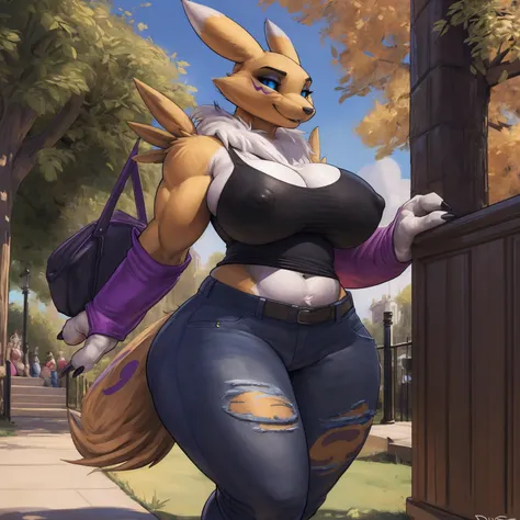 by darkgem, by duase, by kevinsano, renamon, digimon, anthro, female, older woman, furry body, wide body, wide hips, thick thighs, big arms, (huge breasts:1.1), heavy breasts, nipple outline, highly detailed eyes, milf, tank top, bare midriff, cleavage, la...