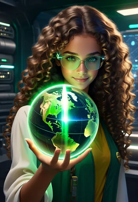 gemtech , Science-Fiction, internal reflections , transparent, inner details , Scholars , scroll, 1 girl,long hair, curly hair, glowing green eyes, smile ,closed mouth, fire von hair hair, hold a globe , green eyes, holding virtual glasses as like VR , sho...