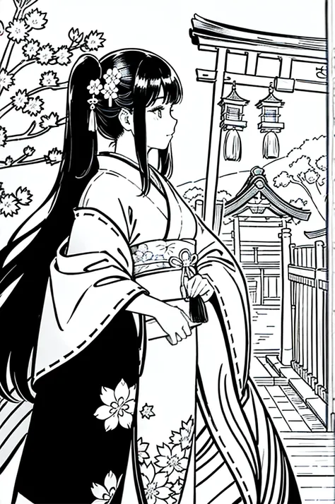 As a coloring book, the color should be black and white, the border should be simple, clear, and bold. [Girl with long black hair] wearing a [kimono with cherry blossom pattern] visiting [Kiyomizu-dera temple] in Kyoto, Japan, with [sakura hair ornaments]