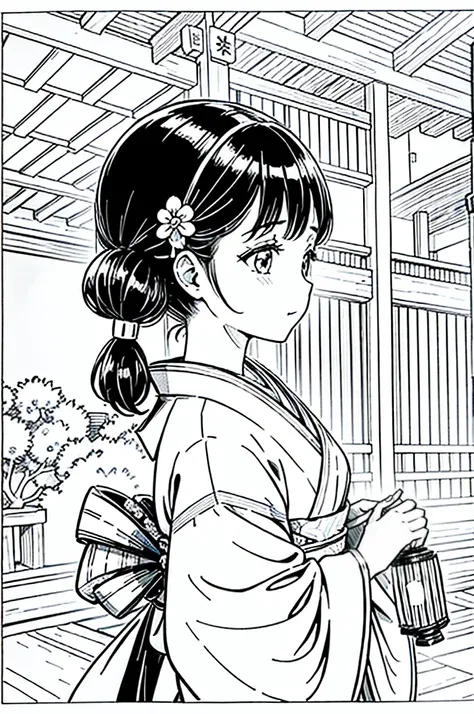 As a coloring book, the color should be black and white, the border should be simple, clear, and bold. [Girl with pigtails] wearing a [kimono with waves pattern] holding a [paper lantern] at the [Gion Matsuri festival] in Kyoto, Japan, with [sakura hair cl...