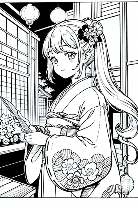 As a coloring book, the color should be black and white, the border should be simple, clear, and bold. [Girl with pigtails] wearing a [kimono with waves pattern] holding a [paper lantern] at the [Gion Matsuri festival] in Kyoto, Japan, with [sakura hair cl...