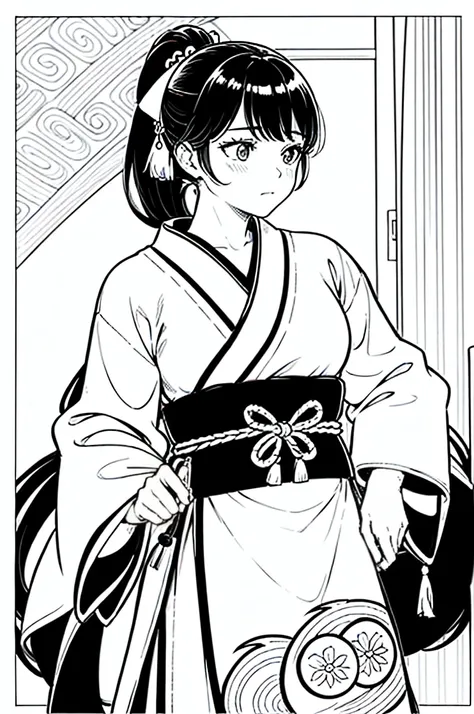 As a coloring book, the color should be black and white, the border should be simple, clear, and bold. [Girl with a ponytail] wearing a [kimono with fox pattern] practicing [kendo] in a [dojo], with [hair ties decorated with fox charms]