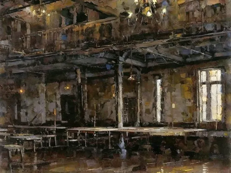 empty dance hall, with bars, wooden floor, chandeliers, by edgar degas painting