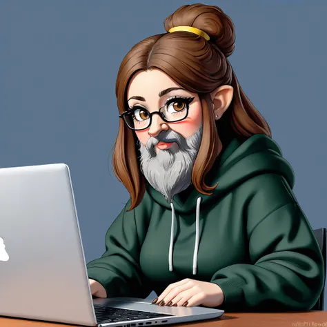 woman with a big gray beard, bobbed brown hair, hazel eyes, large rounded nose, behind her laptop, dressed in sweatshirt