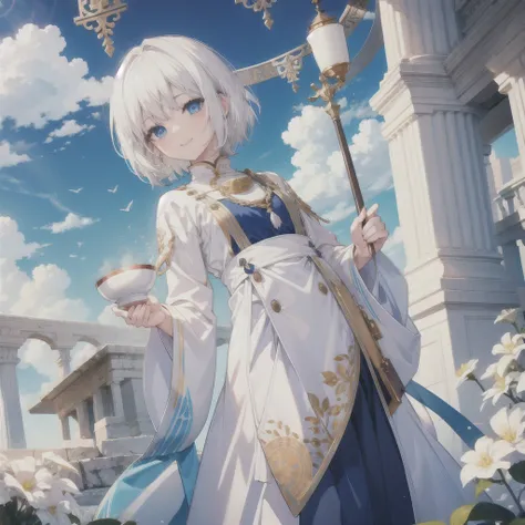 (((White Hair　Short Hair　blue eyes　noble)))　((Noble clothes　Drinking tea))　(smile)　Shining Edge