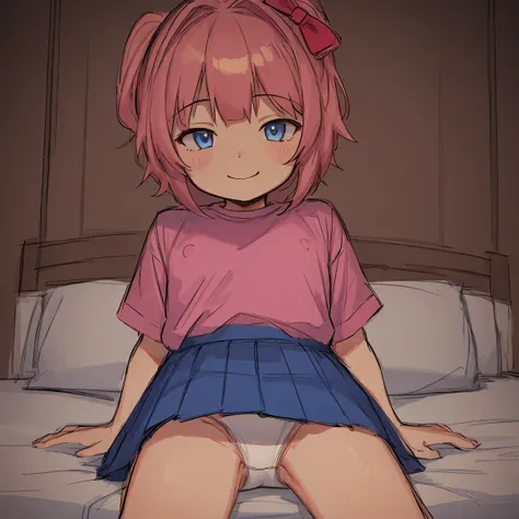 best quality, 1girl, sayori, portrait, solo, (light blush:0.5), (blush:0.2), short hair, pink hair, blue eyes, (small breasts:1.2), smile, (petite:0.5), 14 years old, (loli:1.7), sketch, (pink t-shirt:1.5), no bra, hair bow, red bow, (blue skirt:1.3), (nip...