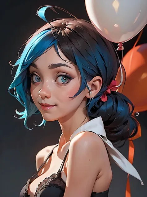 A clown with blue hair and red clown make-up、Surrounded by red balloons, Cutecore Pierrotcore, 不気味なClown Girl, Scary Clown, Clown Girl, Detailed painting 4k, Portrait of Des Pierrot, Artstation Contest Winner, Goth Clown Girl, deviantart artstation cgscosi...