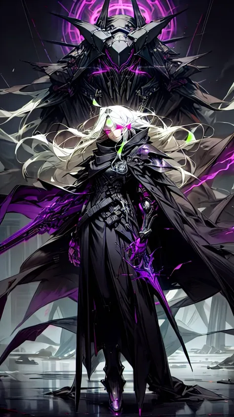 Dark_Fantasy, Cyberpunk, (Black Purple: 1.1), 1 Man, Mechanical Marvel, Robot Presence, Full Body, Armor Dress, White Hair, Long Hair, Shawl, ((Black Coat)), Glowing Eyes, Purple Eyes, Expressionless, Mecha Long Skirt, Holding a Weapon, , Beautiful Necroma...