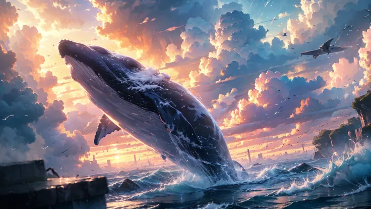 absurdres, a whale flying between skyscrapers,only the huge tail fin is visible, amazing person々, heavy rain, storm, cloudy, dar...