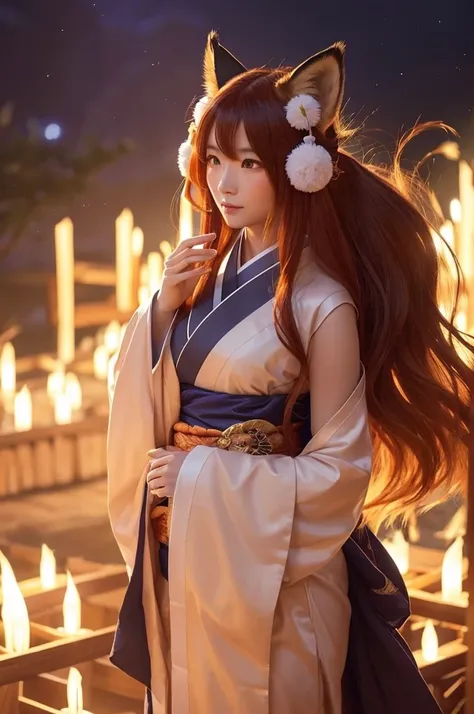 A fox spirit, or Kitsune, in the form of a beautiful woman with long, flowing hair. She wears a traditional kimono and has subtle fox ears and a bushy tail. She stands under a full moon, with a mystical, foxfire light glowing around her.