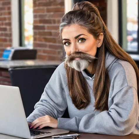 woman with a big gray beard, bobbed brown hair, hazel eyes, large rounded nose, behind her laptop, dressed in sweatshirt