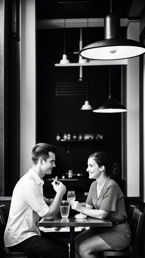 Couple,White people,Black and white photography,young,restaurant