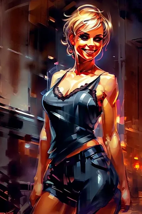 Athletic blonde woman, (short hair), tomboy, cute, ((smile)), Smoky eye, mascara, sheer lace camisole. Sexy. Masterpiece, (highly detailed:1.2),(detailed face and eyes:1.2), 8k wallpaper, cinematic lighting. core shadows, high contrast, bokeh