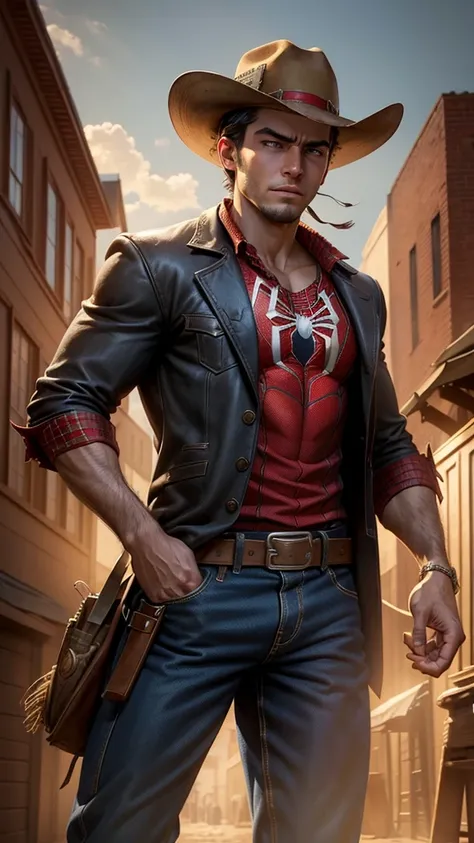 Spider-man Peter Benjamin Parker in Wild West style, wearing Cowboys lather clothes, Cowboys hat and bring a pistol, in cowboy city, cinematic, extreem realistic, extreem detailed, extreem Sharp, super high resolution image, best quality photo,